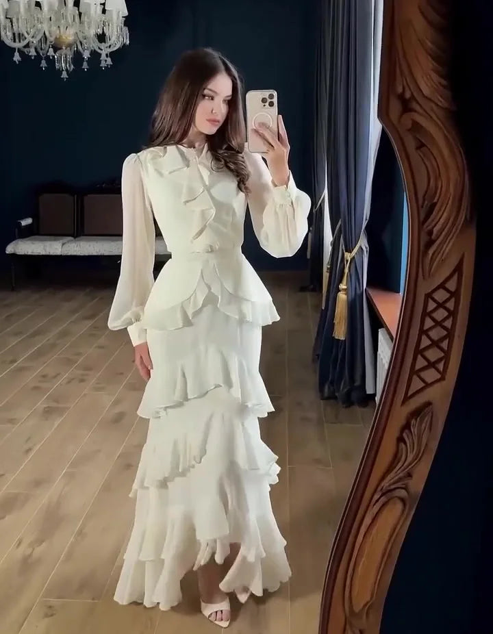 Women's Elegant Layered Ruffle Maxi Dress with Long Sleeves and Belt