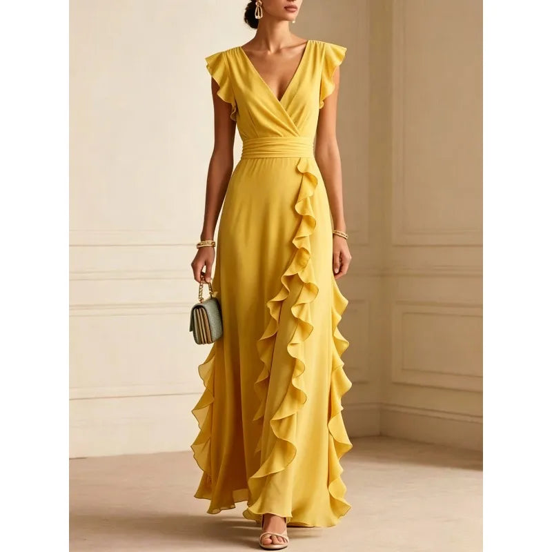 Women's Elegant Ruffle Sleeveless V-Neck Maxi Dress – Bohemian Party & Evening Gown