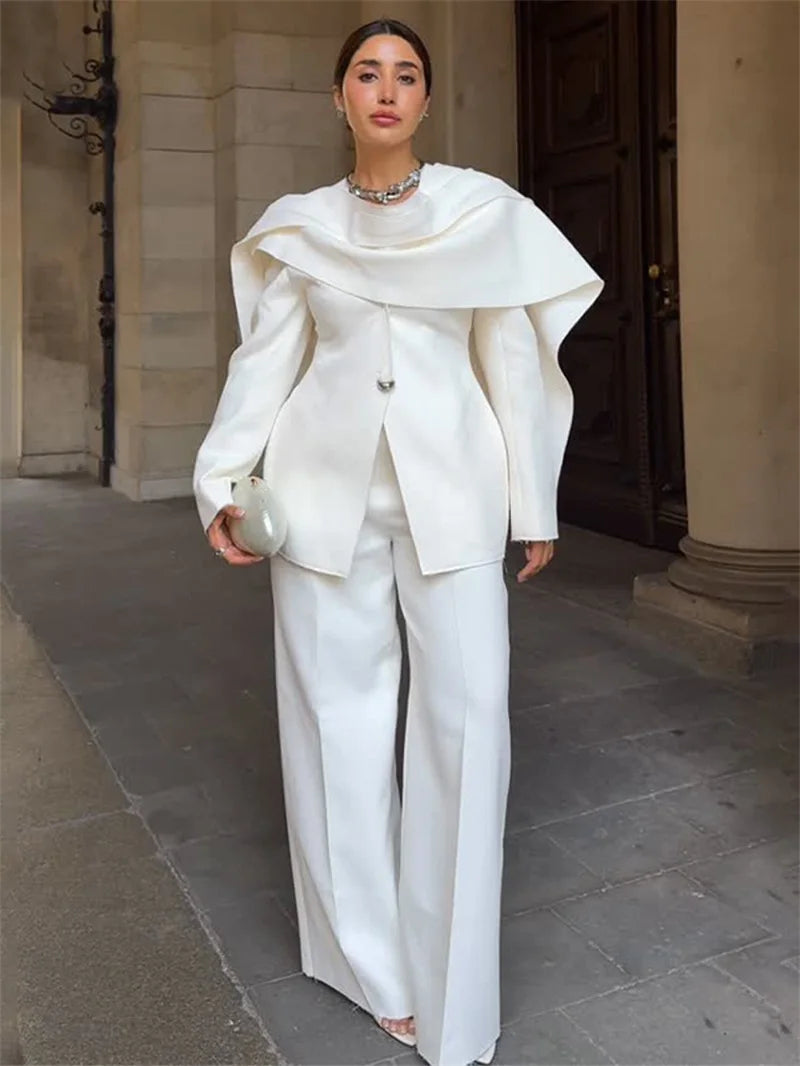 Scarf Wrap 2-Piece Women's Suit – Cotton Blazer & Pants | Business, Wedding & Prom