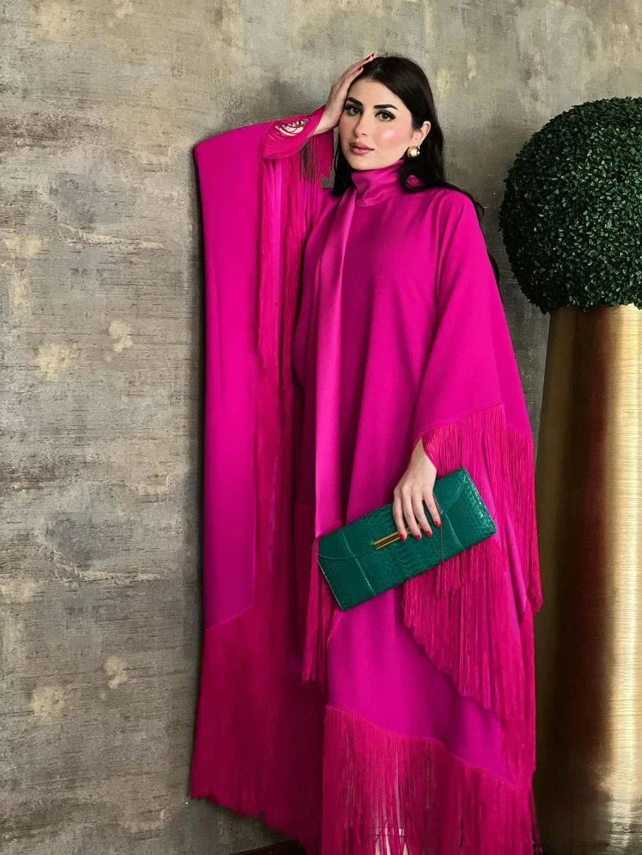 Women's Elegant Tassel Abaya Kaftan – Loose Long Evening Dress | Eid, Ramadan & Party Occasion