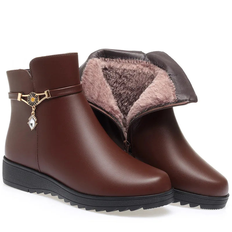 Women's Velvet Fleece-Lined Ankle Boots – Low Square Heel Anti-Slip Winter Booties