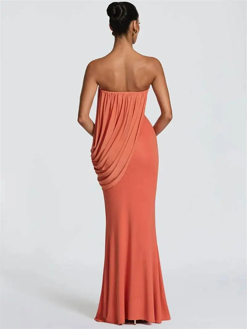 Mesh Backless Off-Shoulder Maxi Dress – Ruched High Waist Slim Evening Gown