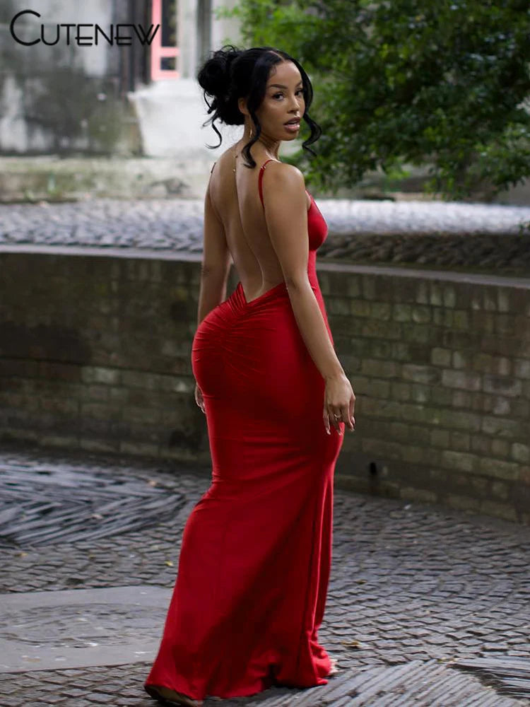 Spaghetti Strap Maxi Dress – Backless Ruched Sheath, Sexy Streetwear