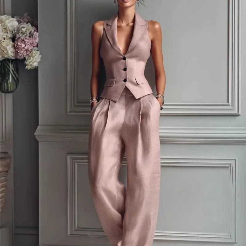 Sleeveless Vest & Wide-Leg Trousers 2-Piece Set – Women’s Office Suit