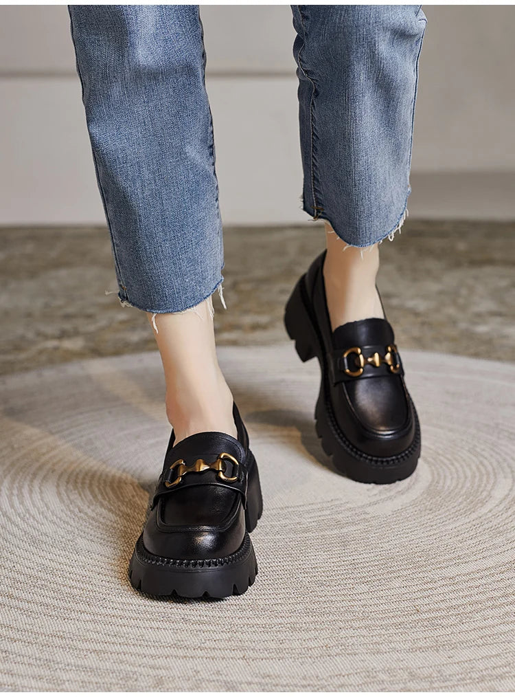 Women's Genuine Leather Loafer Pumps – Thick Square Heel Platform Slip-On with Metal Detail