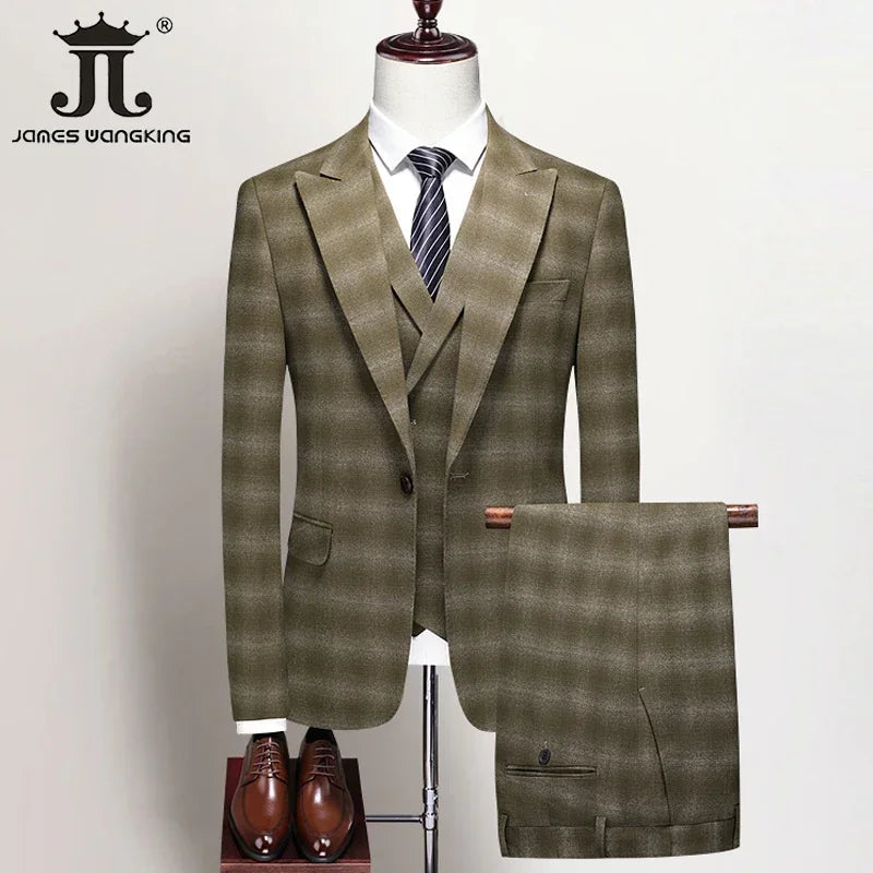 Men's Formal Suits 3 Piece Set British Plaid Style (Blazer + Vest + Trousers) LADYLYS