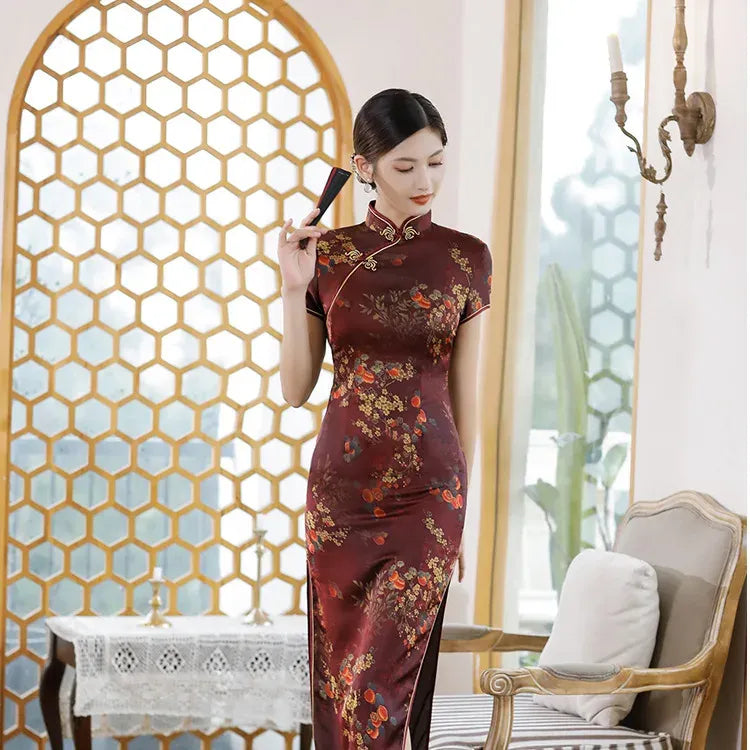 Printed Short-Sleeve Qipao-Inspired Midi Dress
