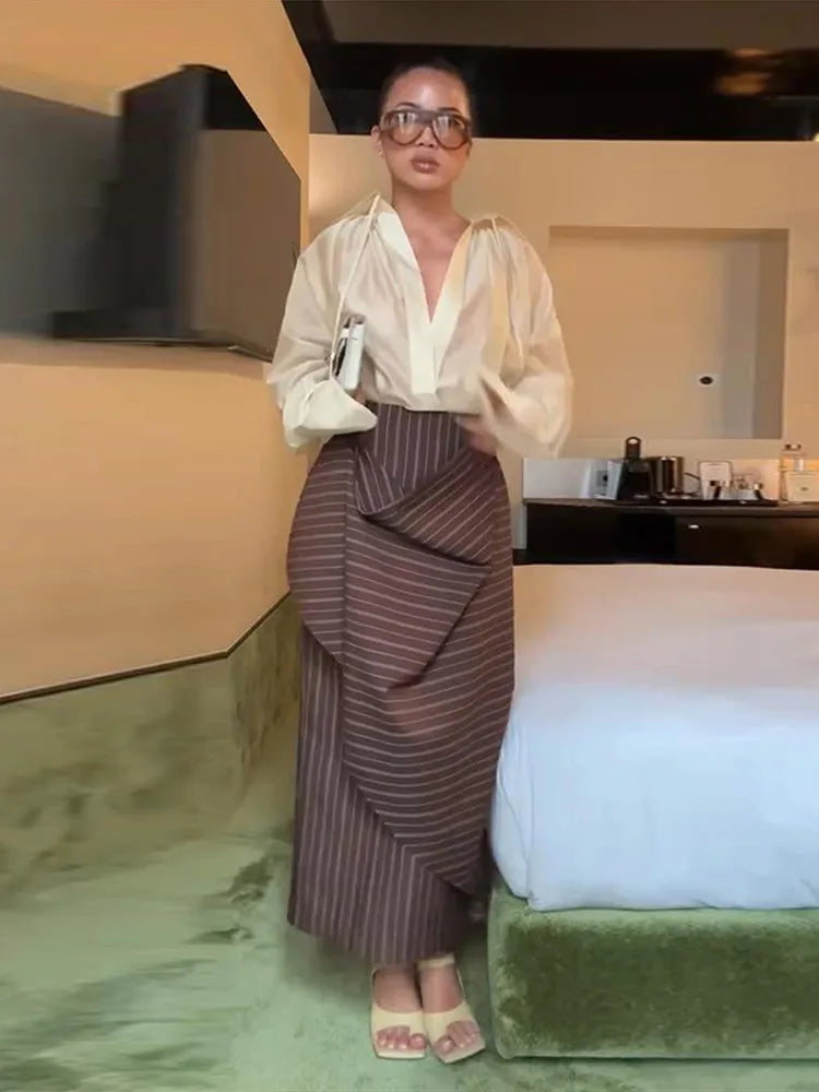 Striped Asymmetric Midi Skirt & Ribbon Tie Blouse Set – Women’s 2-Piece Summer Suit