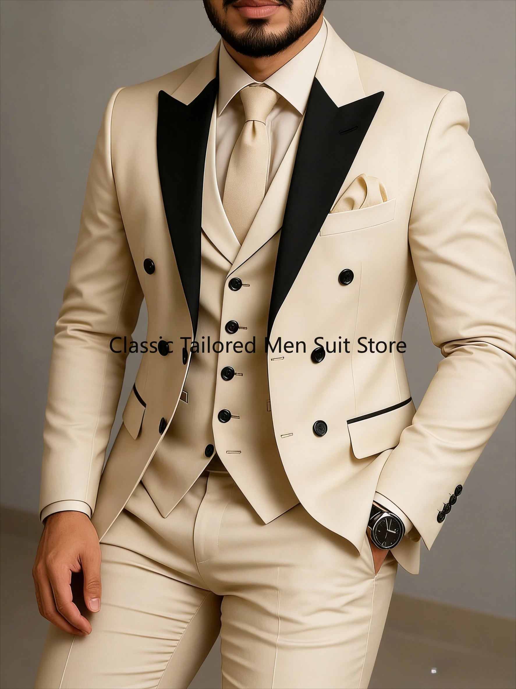 Beige Double Breasted Black Lapel  Slim Fit Wedding Suit LADYLYS