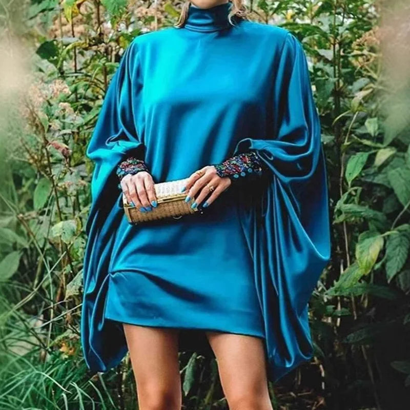 Batwing Sleeve Mini Dress – Turtleneck Loose Fit Patchwork | Casual Holiday & Party