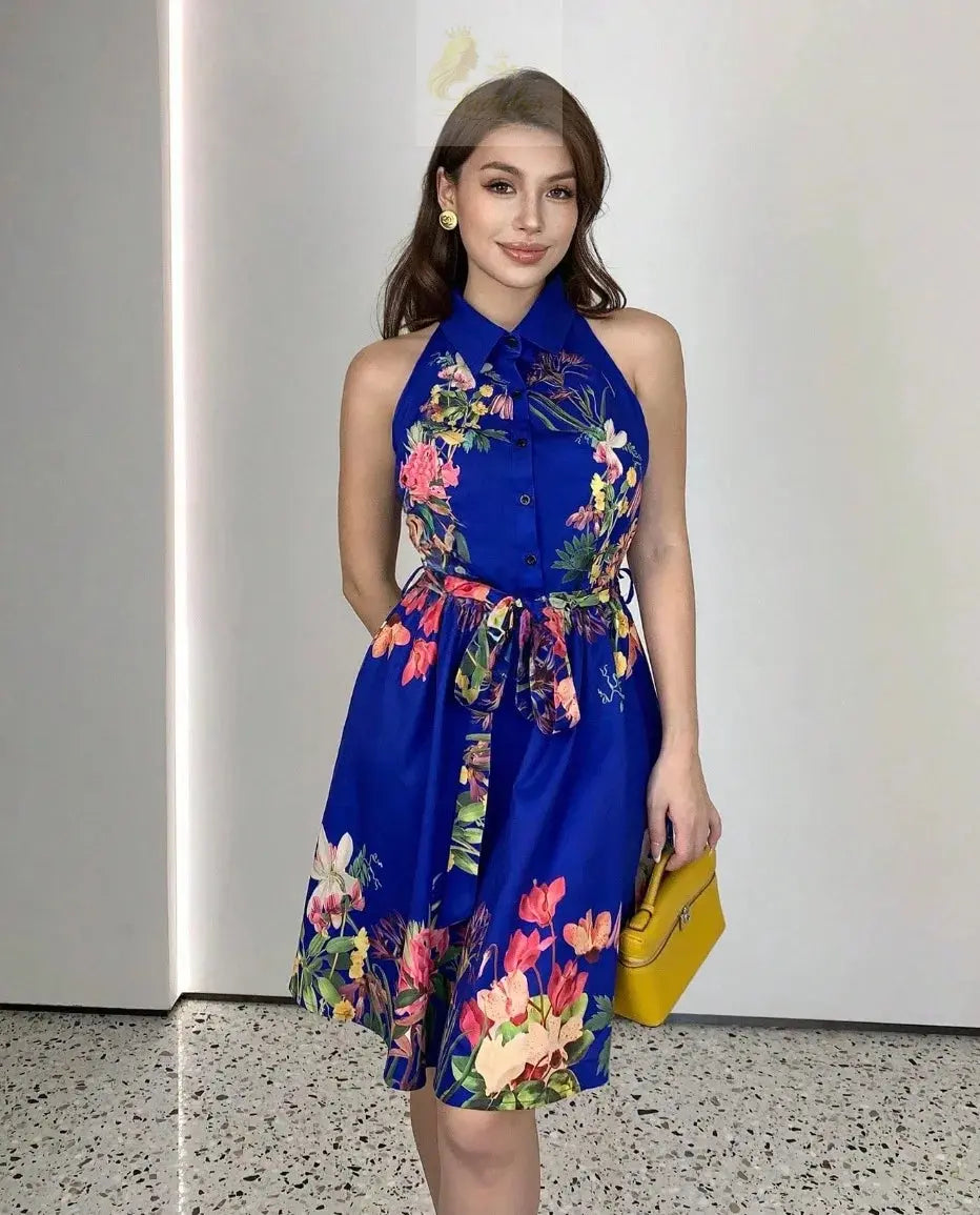 Printed Waist Halterneck Tie Dress Elegant LADYLYS