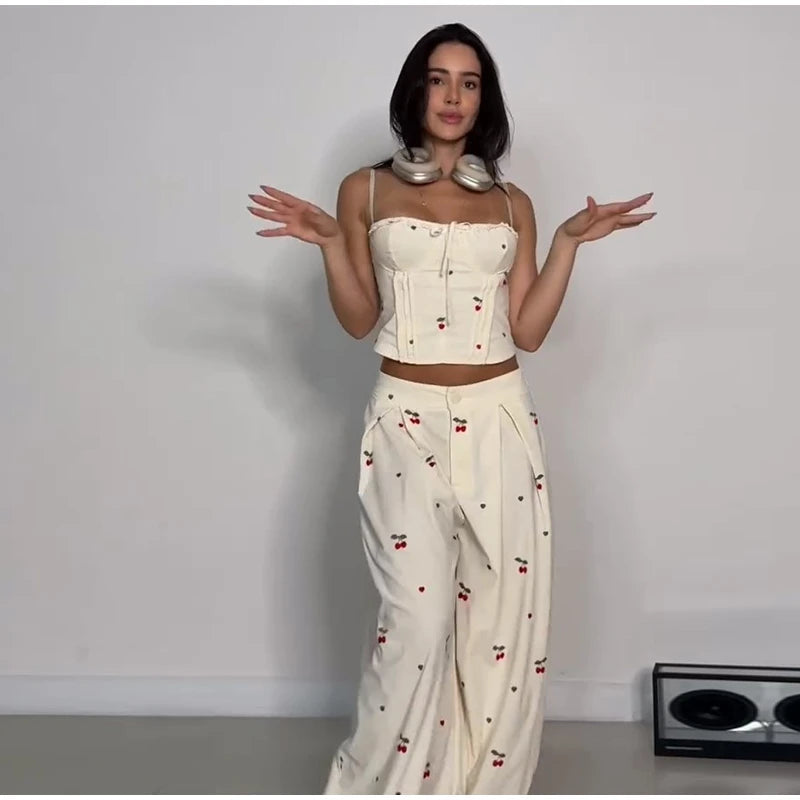 Sexy Print Vest Pants Women Set Beach Patchwork Slash Neck Lace Up Top LADYLYS