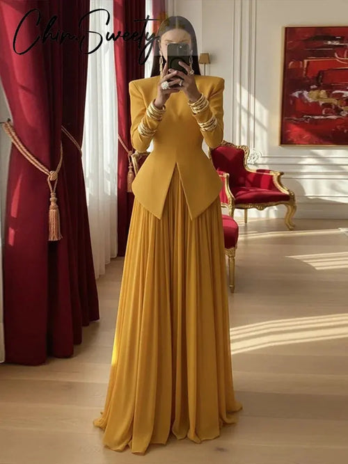 Elegant Solid Women's Blazer Suit Split Coats Chiffon Skirt Lady Set LADYLYS