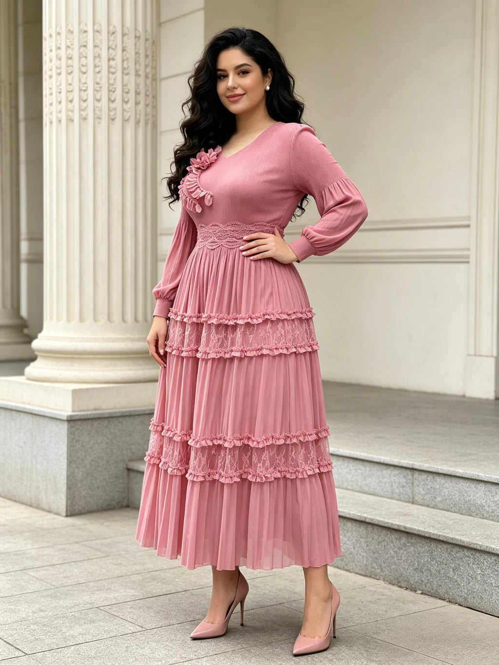 Women's Pleated Tiered Lace Midi Dress – V-Neck Lantern Sleeve Floral Detail | Elegant African Fashion