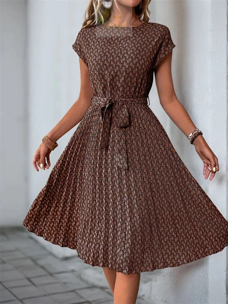 Spring Summer O Neck Pleated Medium Long Dress Fashion Print Lace-up Dress LADYLYS