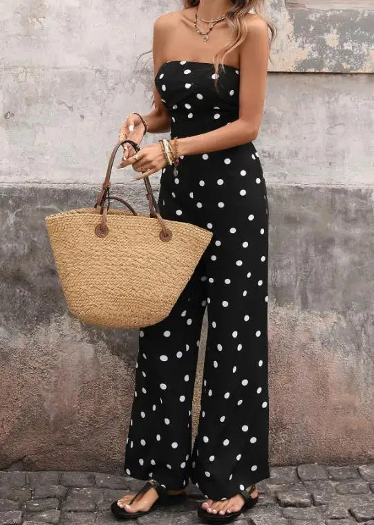 Bodysuit Women Summer New Fashionable Elegant Style Slim Fit Polka Dot Print High Waist Slim Fit Strapless Wide Leg Jumpsuit LADYLYS