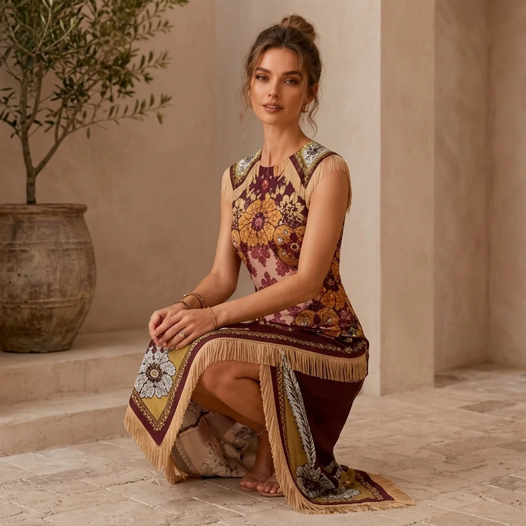 Women's Bohemian Scarf Print Midi Dress – Sleeveless Asymmetrical Handkerchief Hem with Fringe | Elegant Summer Dress
