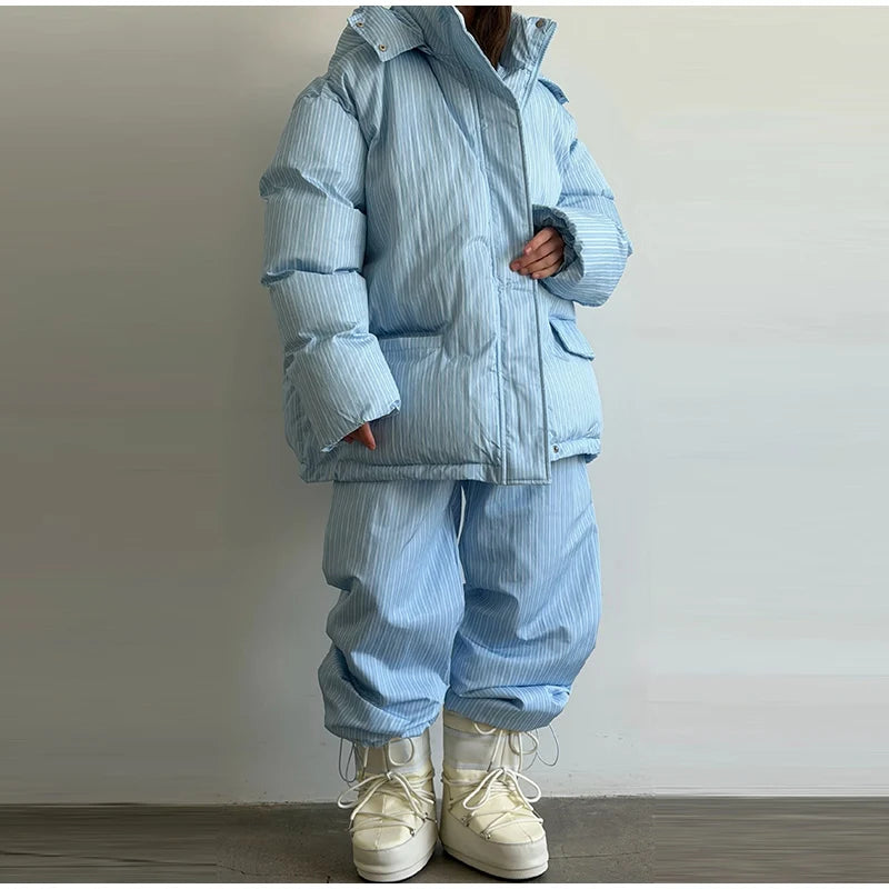 Women's Striped 2-Piece Set – Zip-Up Hooded Puffer Coat & Wide-Leg Jogger Pants | Warm Winter Suit