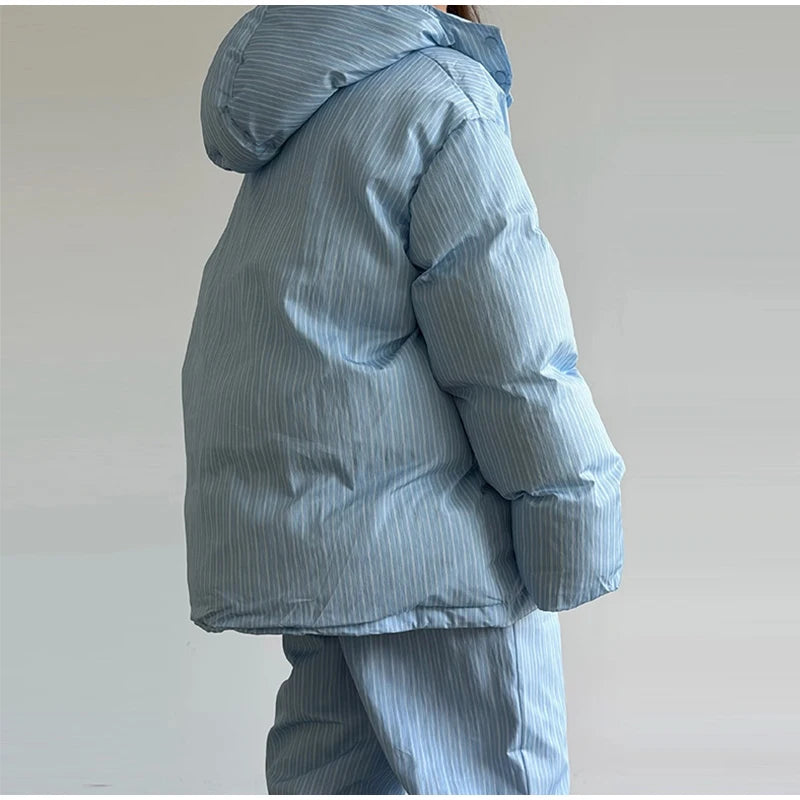 Women's Striped 2-Piece Set – Zip-Up Hooded Puffer Coat & Wide-Leg Jogger Pants | Warm Winter Suit