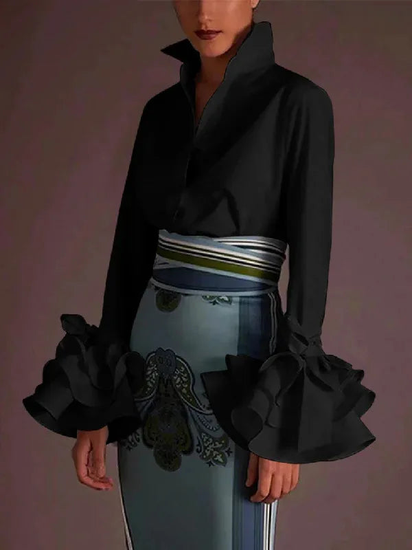 Blouse Shirt Temperament Elegant Slim Solid Color Lotus Leaf Sleeves