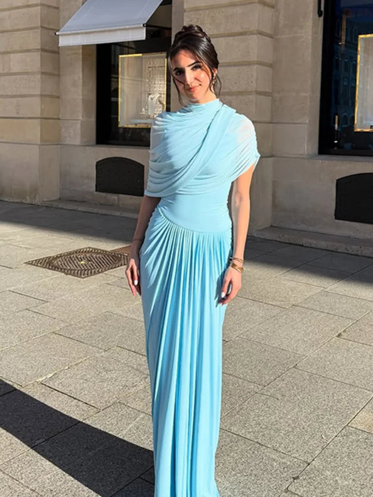 Irregular Shawl Blue Maxi Dress Women's Fashion Turtleneck Slim Fit Pleated LADYLYS