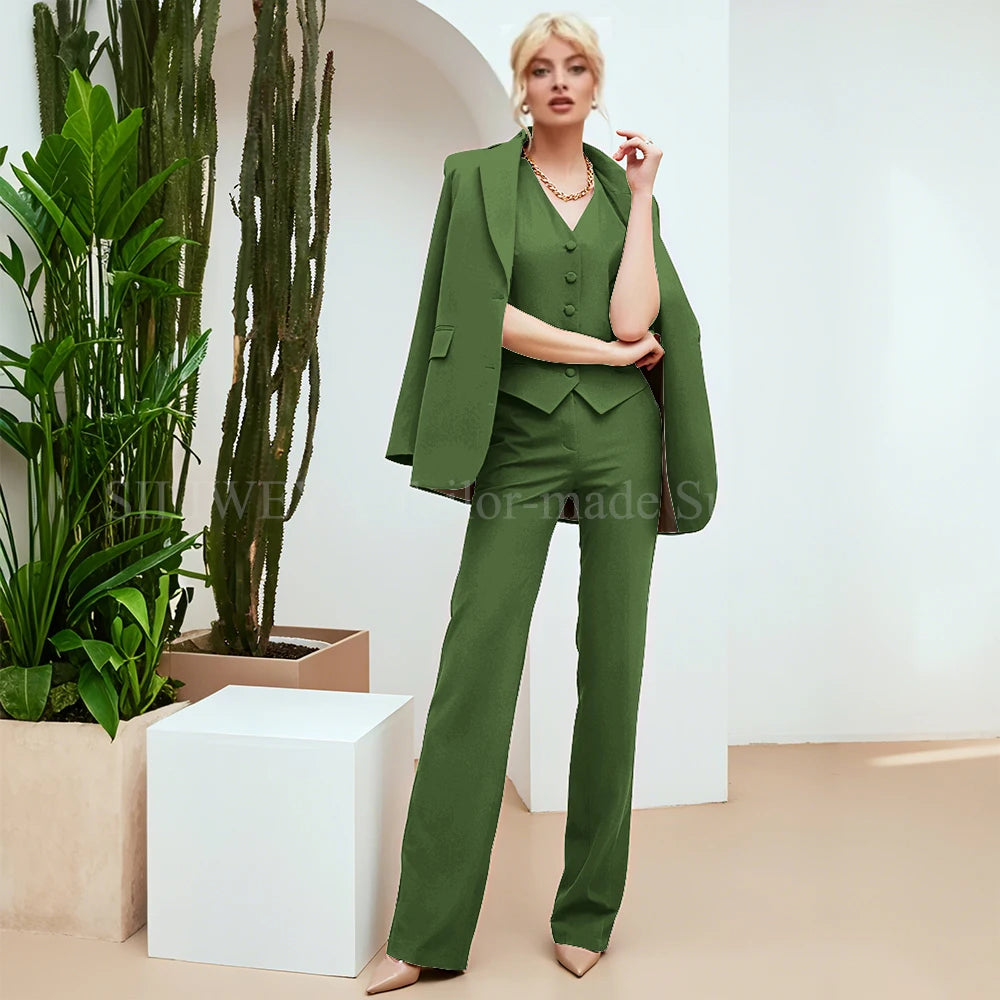 Chic Green 3-Piece Women's Suit – Slim Fit Blazer, Pants & Vest | Formal Office Set