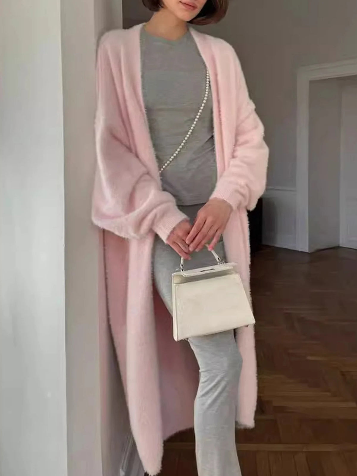 Women's Long Belted Knit Cardigan with V-Neck and Lantern Sleeves