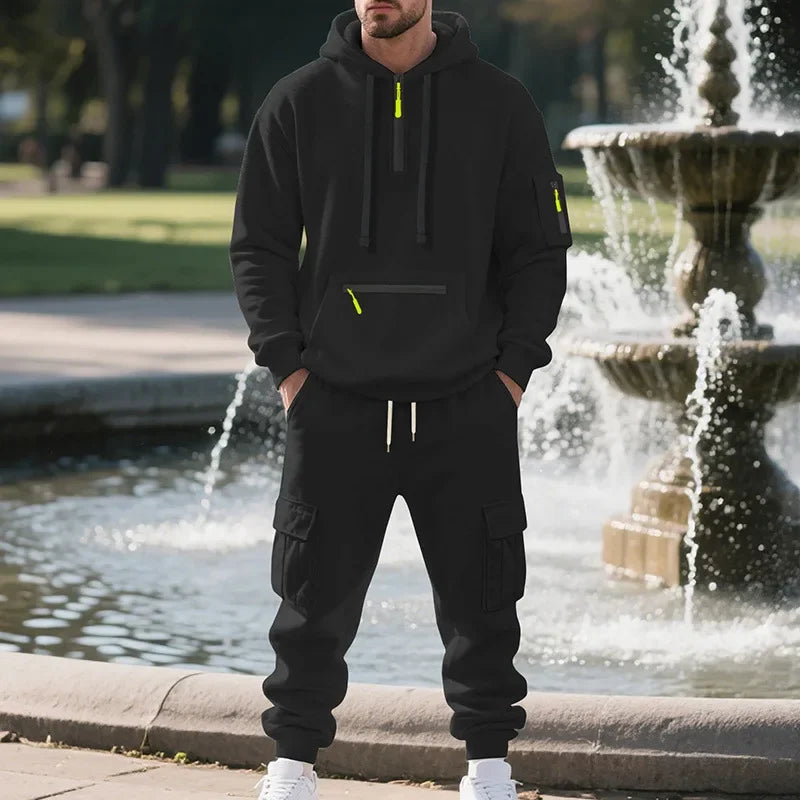 Men's Fleece Hoodie & Multi-Pocket Pants Set – Casual Sportswear