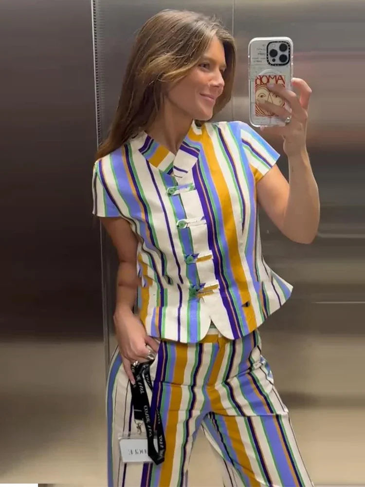 Casual Striped Shirt Trouser Suits Women Short Sleeve V-Neck Button Top LADYLYS
