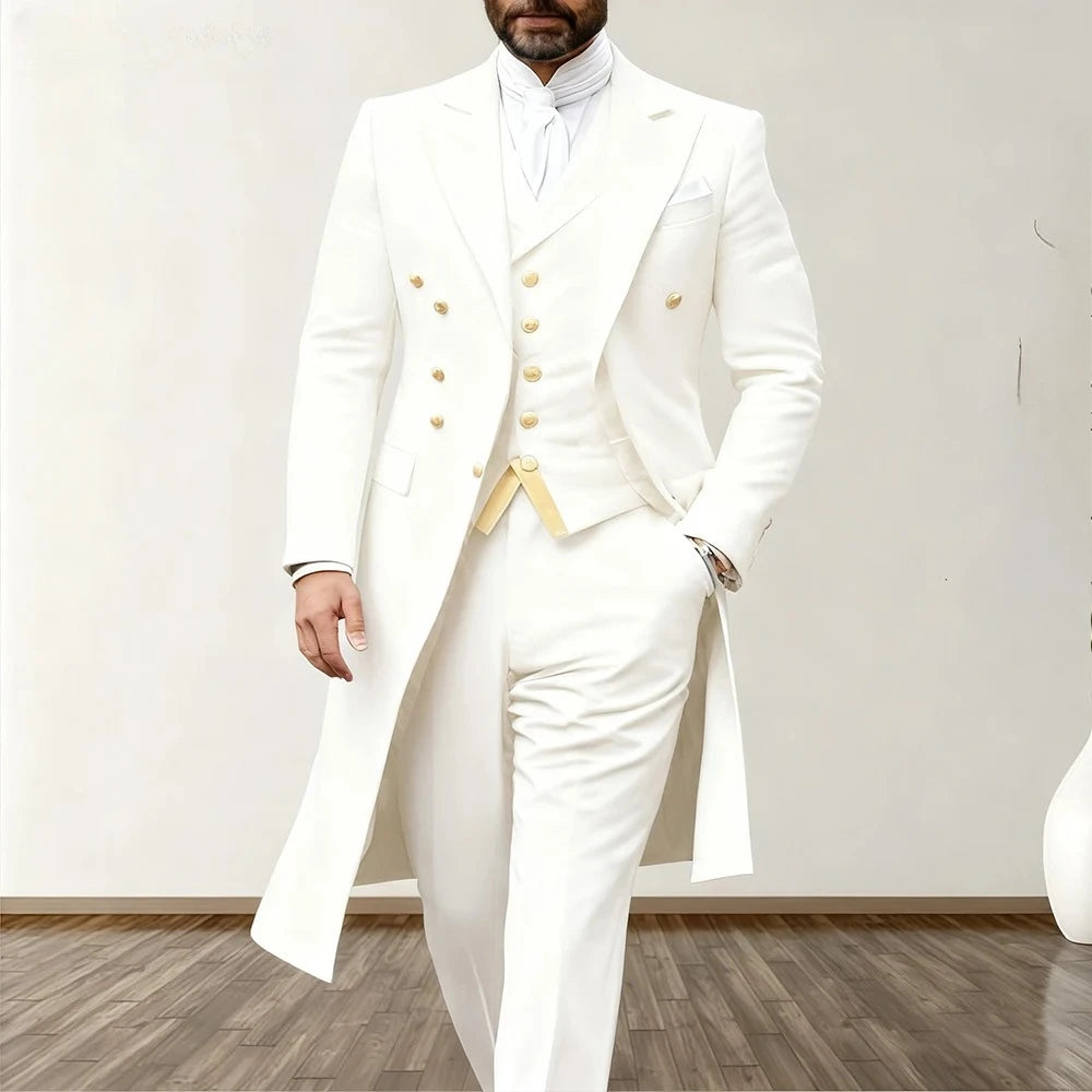 Men Suits 3 Piece Long Blazer Vest Pants Satin One Button Tuxedo LADYLYS