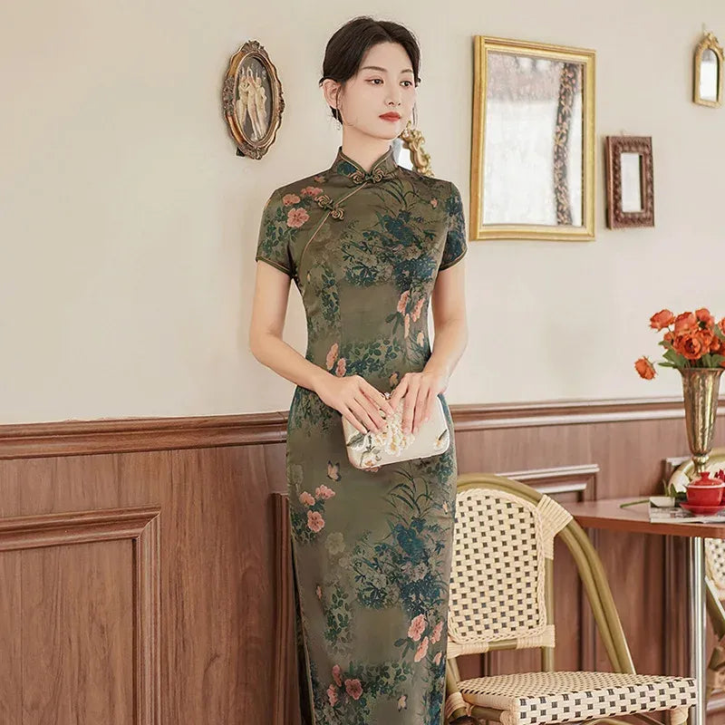 Printed Short-Sleeve Qipao-Inspired Midi Dress