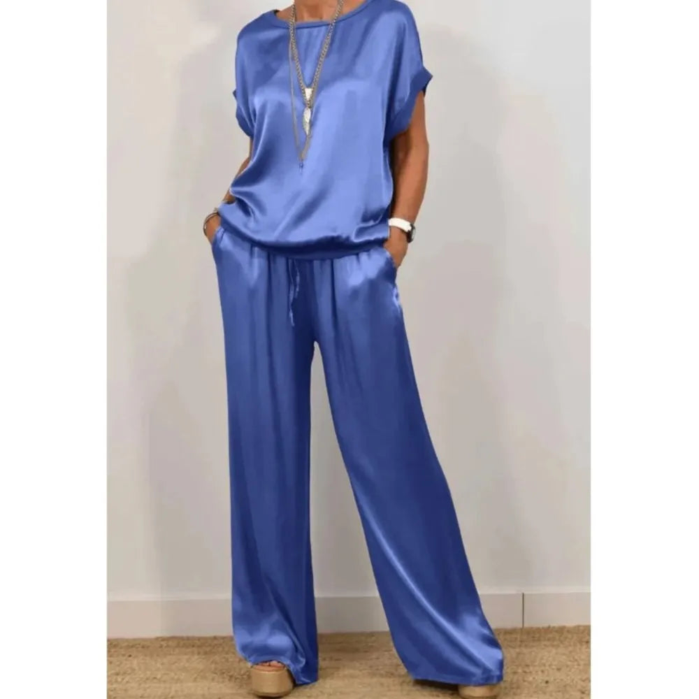 2-piece Set Fashion Satin O Neck T-shirt Top Trousers Summer Retro Elegant LADYLYS