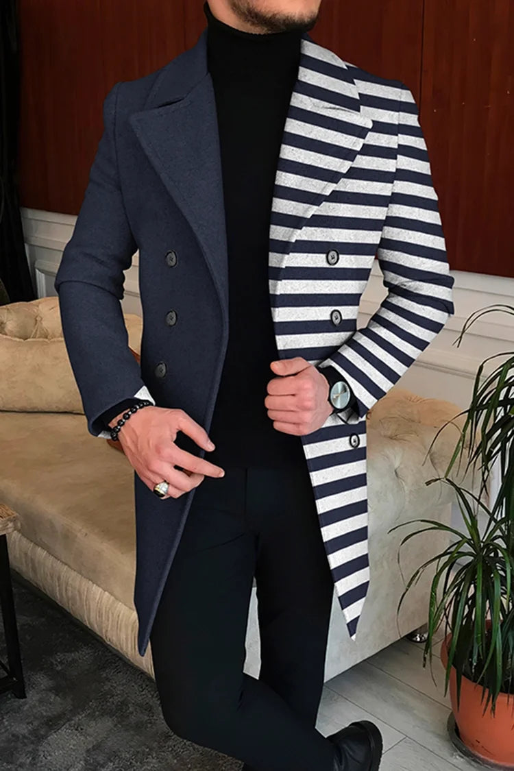 Men's Printed Long Overcoat with Lapel Collar and Button Front