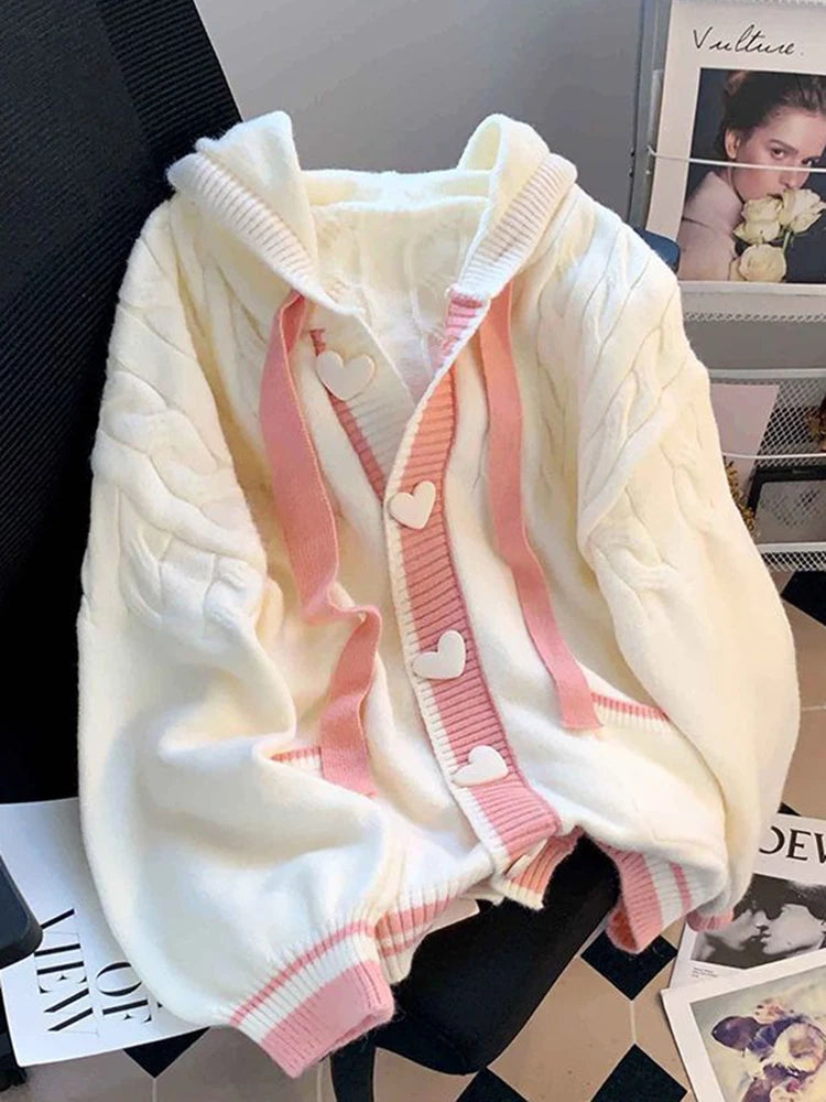 Women's White Hooded Knit Cardigan, Loose Fit