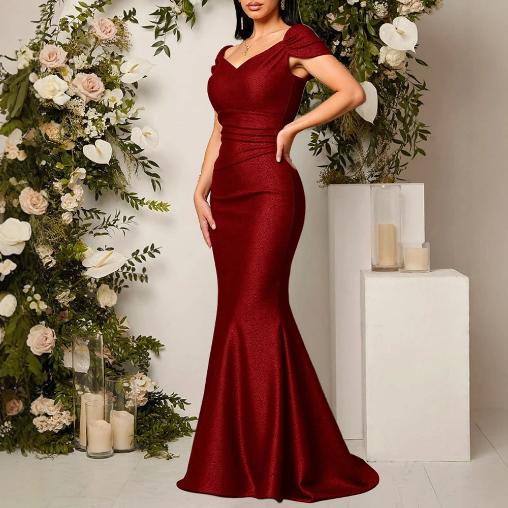 Elegant Party Plain Short Sleeve V Neck Mermaid Midi Bodycon Dress