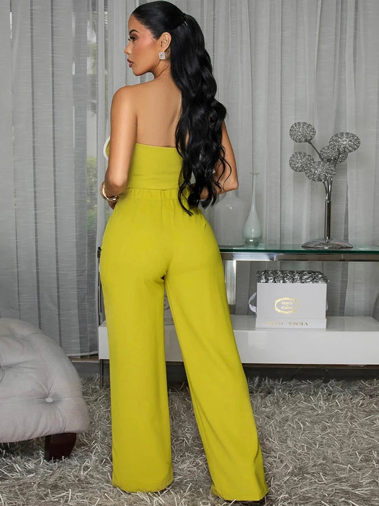 Women's 2-Piece Set – Strapless Flower Patchwork Crop Top & High-Waist Wide-Leg Trousers | Y2K Clubwear