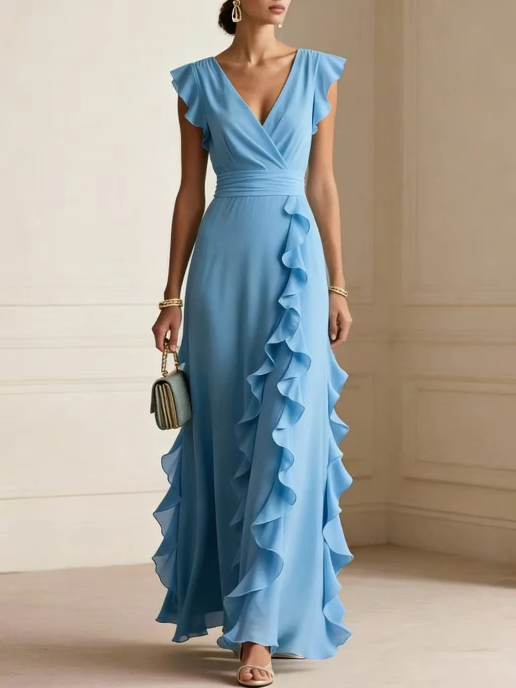Women's Elegant Ruffle Sleeveless V-Neck Maxi Dress – Bohemian Party & Evening Gown