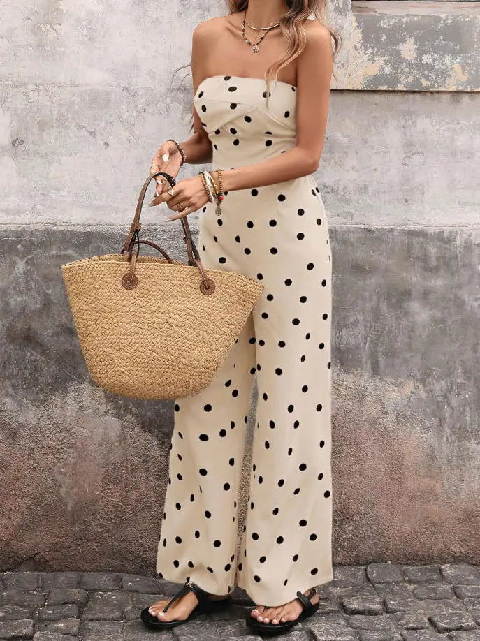 Bodysuit Women Summer New Fashionable Elegant Style Slim Fit Polka Dot Print High Waist Slim Fit Strapless Wide Leg Jumpsuit LADYLYS