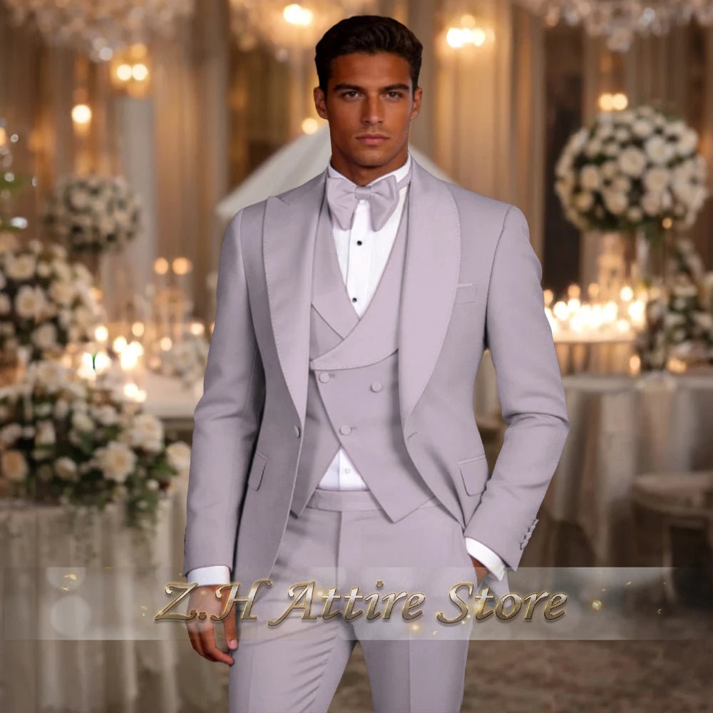 Elegant men's 3pcs suit spliced satin lapel jacket vest pants LADYLYS