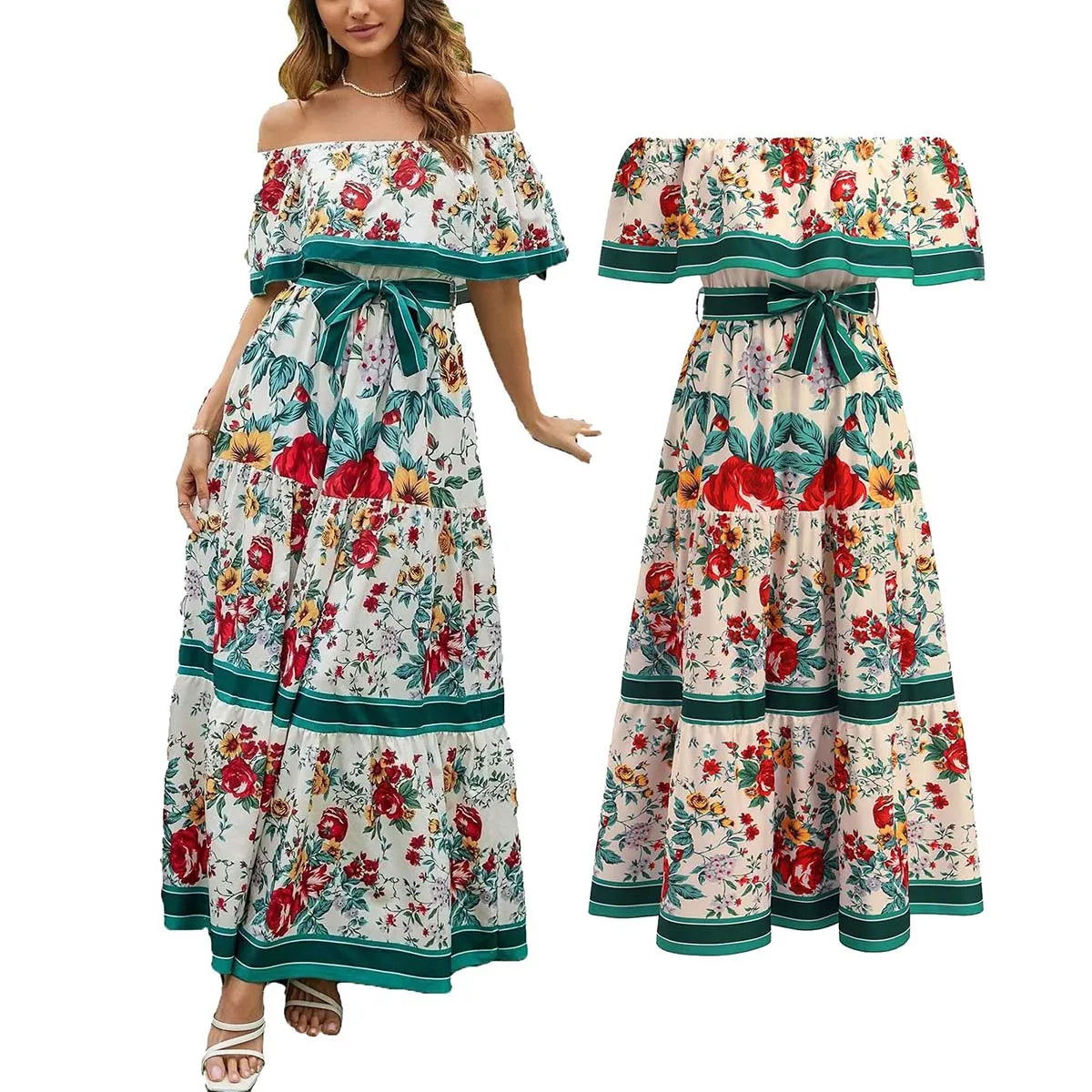 Ethnic Mexican Cinco De Mayo Summer Floral Print Off Shoulder Dress LADYLYS