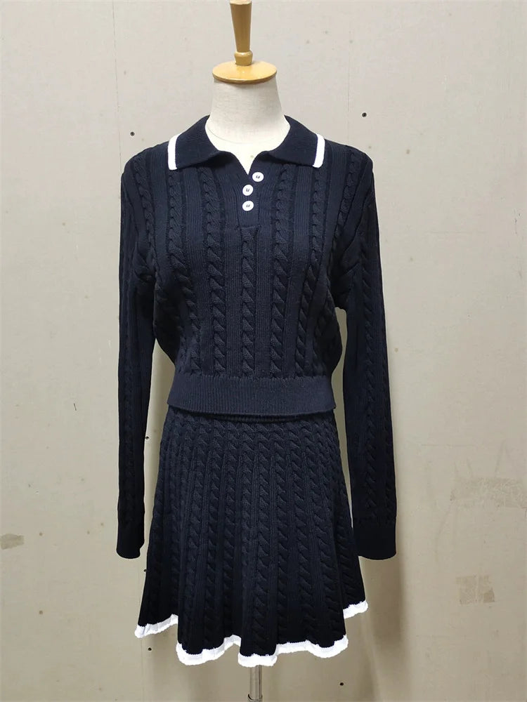 Patchwork Contrast 2-Piece Skirt Set – Long Sleeve Top & High Waist Mini Skirt