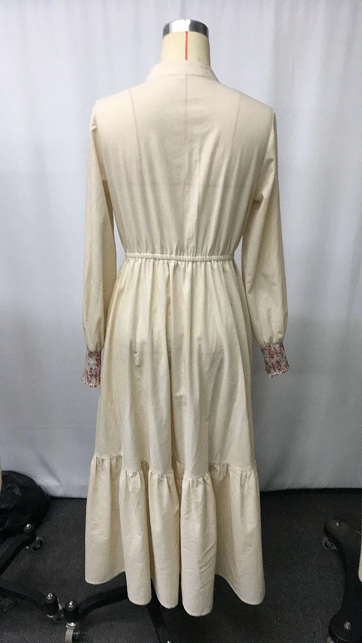 Vintage V-Neck Country Style Printed Long-Sleeve Dress LADYLYS