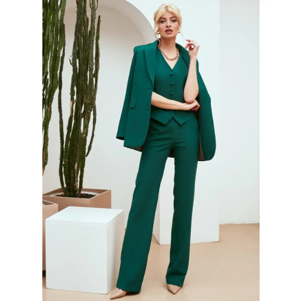 Chic Green 3-Piece Women's Suit – Slim Fit Blazer, Pants & Vest | Formal Office Set