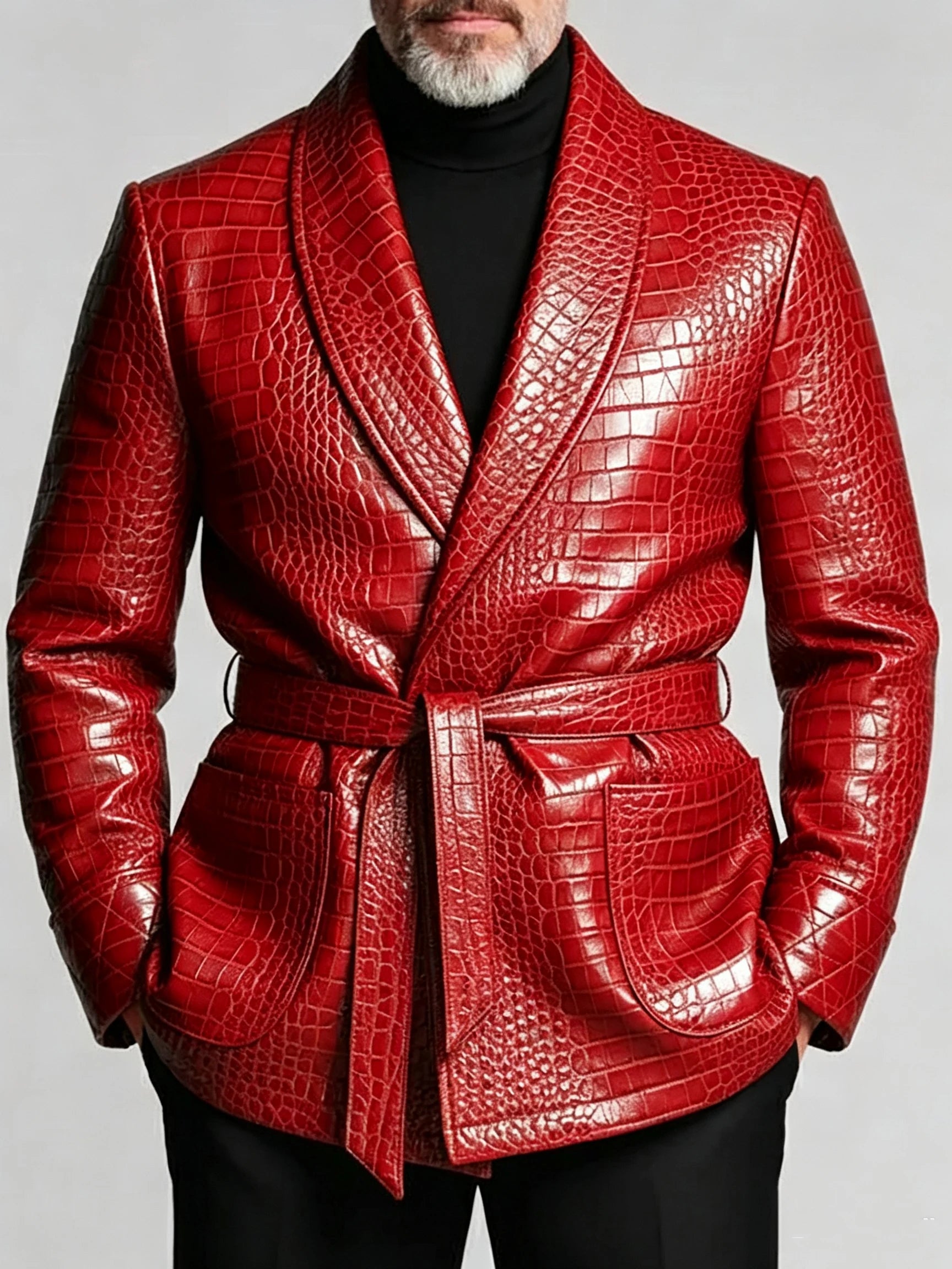 Men's Crocodile-Embossed PU Leather Blazer – Shawl Lapel, Belted, Slim Fit