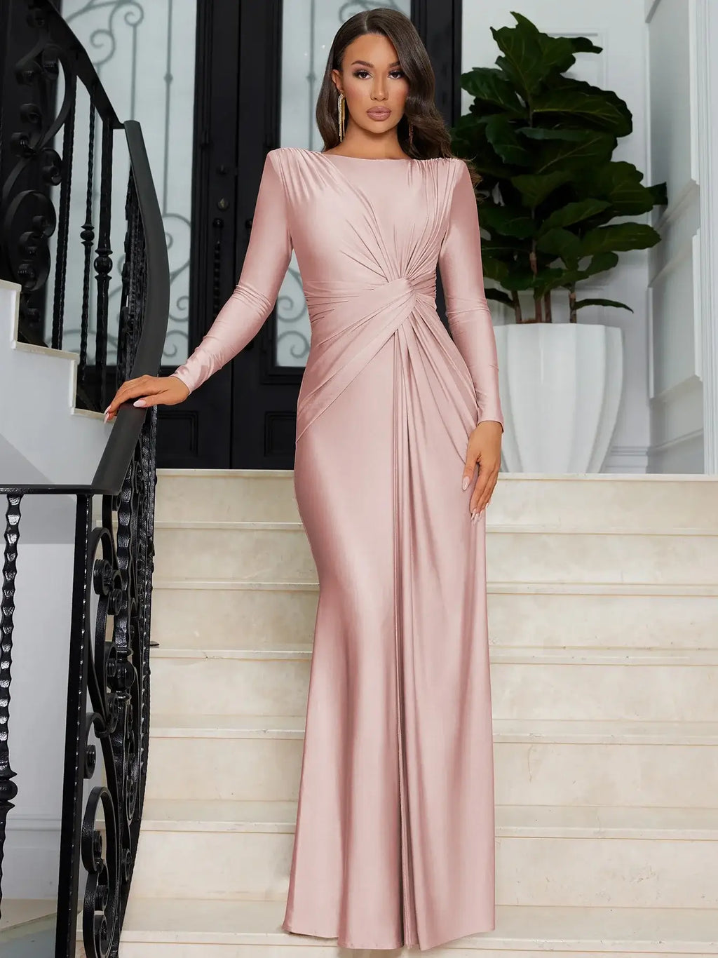 Ruched Bodycon Maxi Dress with Long Sleeves and Fishtail Hem