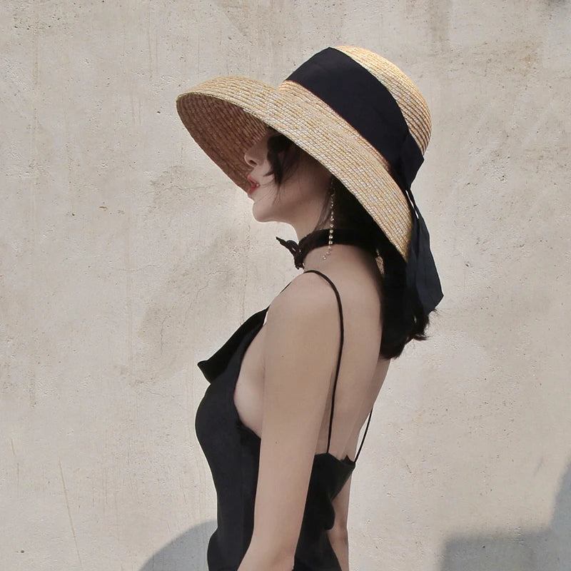 Wide Brim Women Sun Hat Wheat Straw Summer Beach Hat Elegant Cap UV Protection Black long Ribbon Bow Derby Travel Hats LADYLYS
