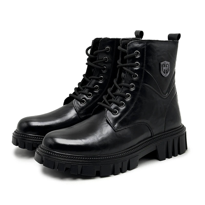 Men's Split Leather Motorcycle Ankle Boots – High-Top Slip-On Thick Sole Winter Boots