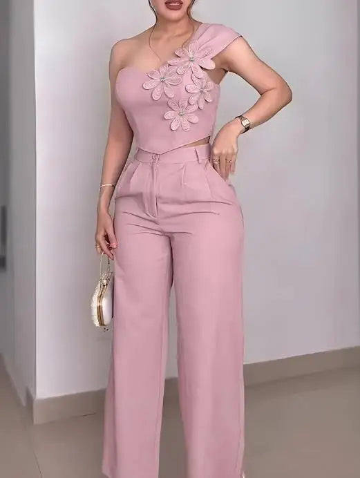 Rhinestone 3D Floral 2-Piece Set – Glamorous Women's Evening Outfit