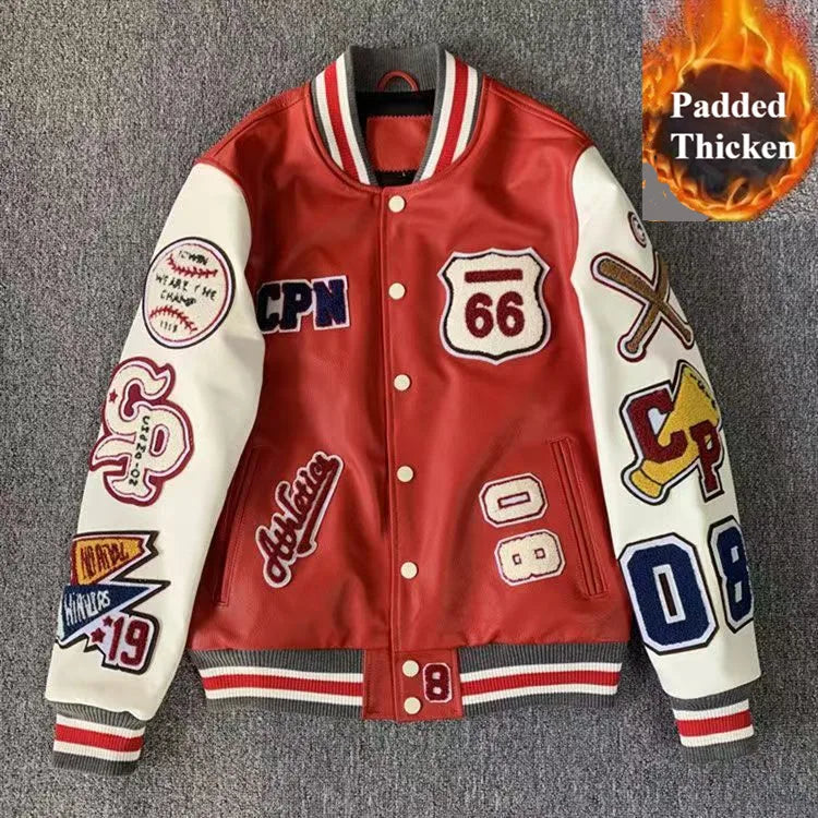 Men's Embroidered Varsity Bomber Jacket — PU Leather Baseball Coat | Unisex Streetwear
