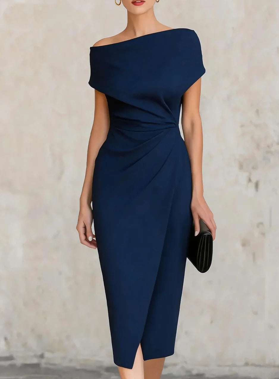 Asymmetrical Off-Shoulder Draped Midi Dress – Ruched Waist Split Pencil Dress
